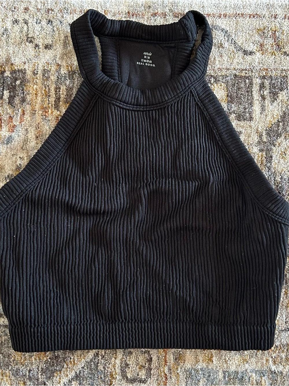 aerie Black Ribbed High Neck Crop Top